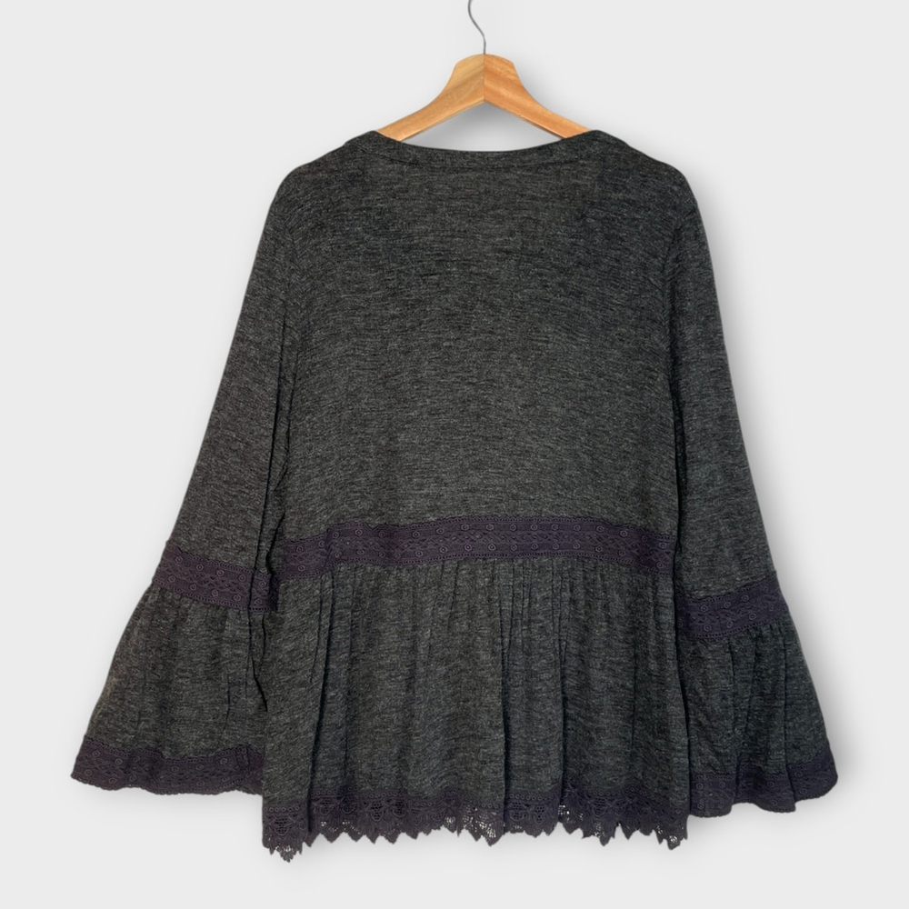 MONORENO Button Up Sweater LARGE Gray Lace Trim Boho Whimsigoth NEW - Picture 2 of 9